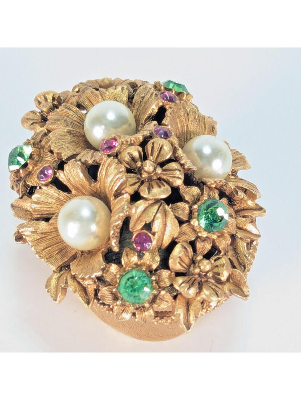 Vintage FLORENZA Goldtone Faux Pearls Rhinestones Trinket Pill Box RegencyCore